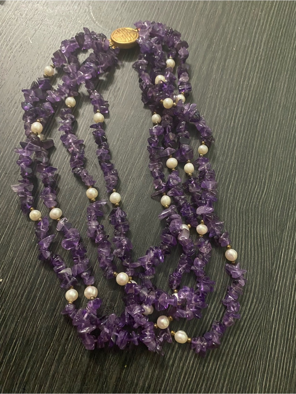 Purple Amethyst Chip and Pearl Multi-Strand Necklace with 925 clasp